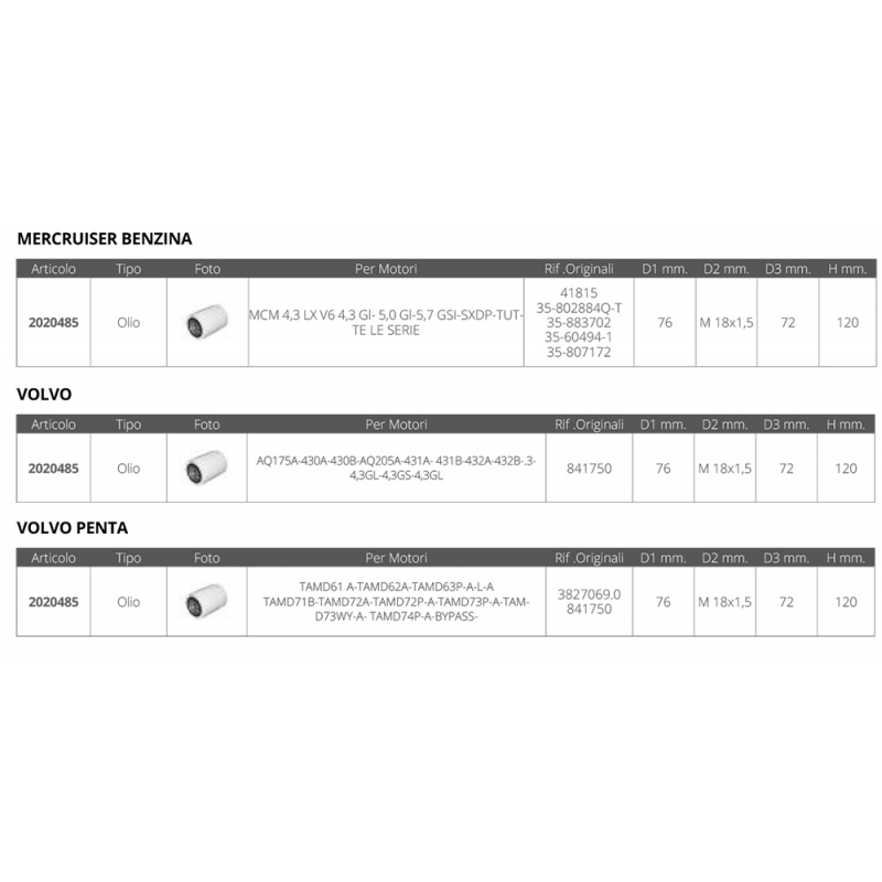 FILTRO OLIO MERCRUISER VOLVO