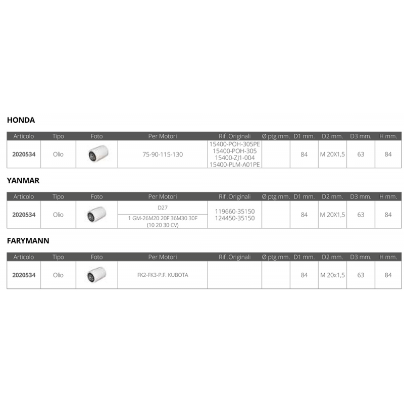 FILTRO OLIO HONDA YANMAR FARYMANN